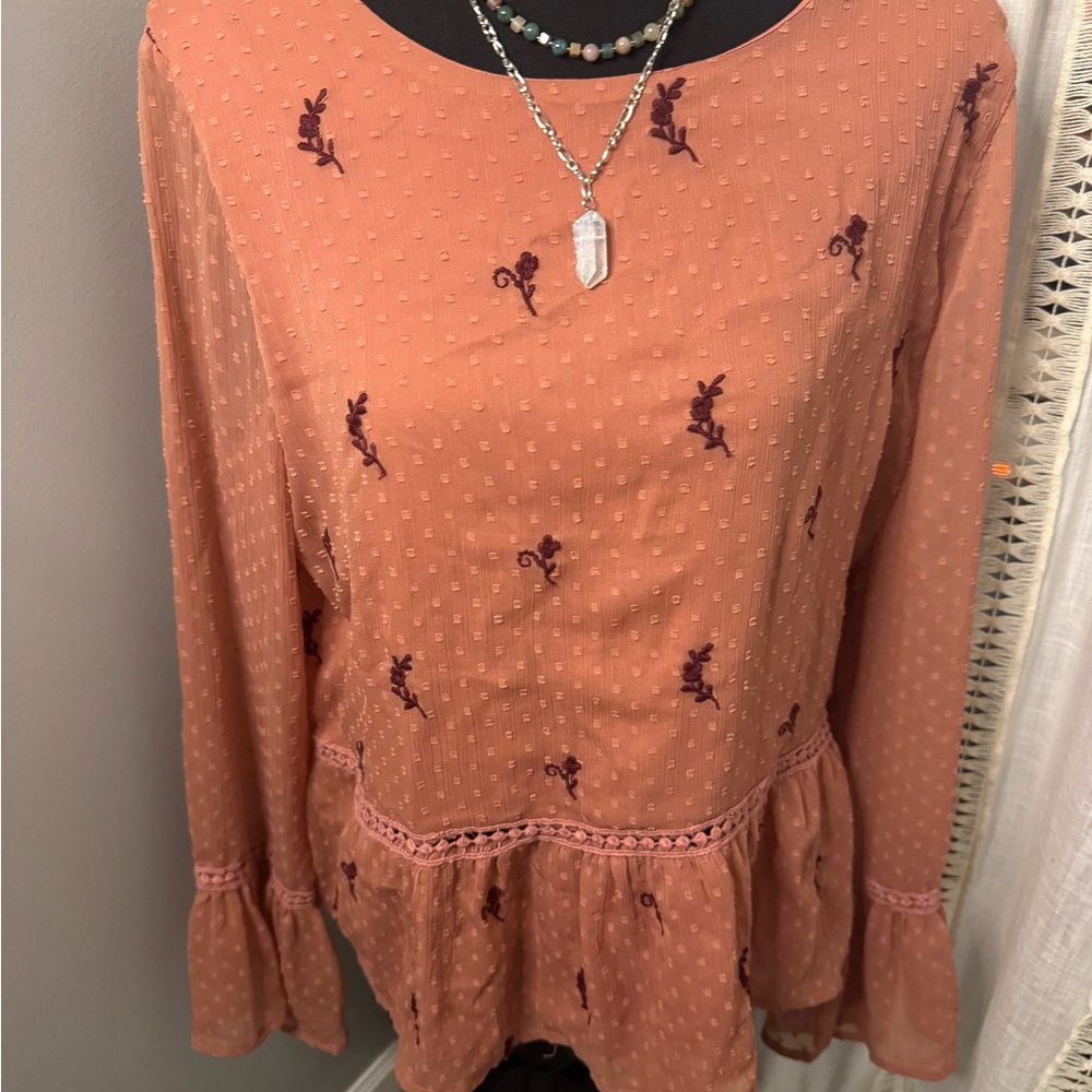 Blue Rain Peach Embroidered Peplum Tunic with Flare Sleeves